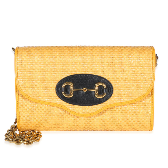 Gucci Handbags - Gucci Yellow Raffia Azalea Calfskin Small Horsebit 1955 Chain Shoulder Bag